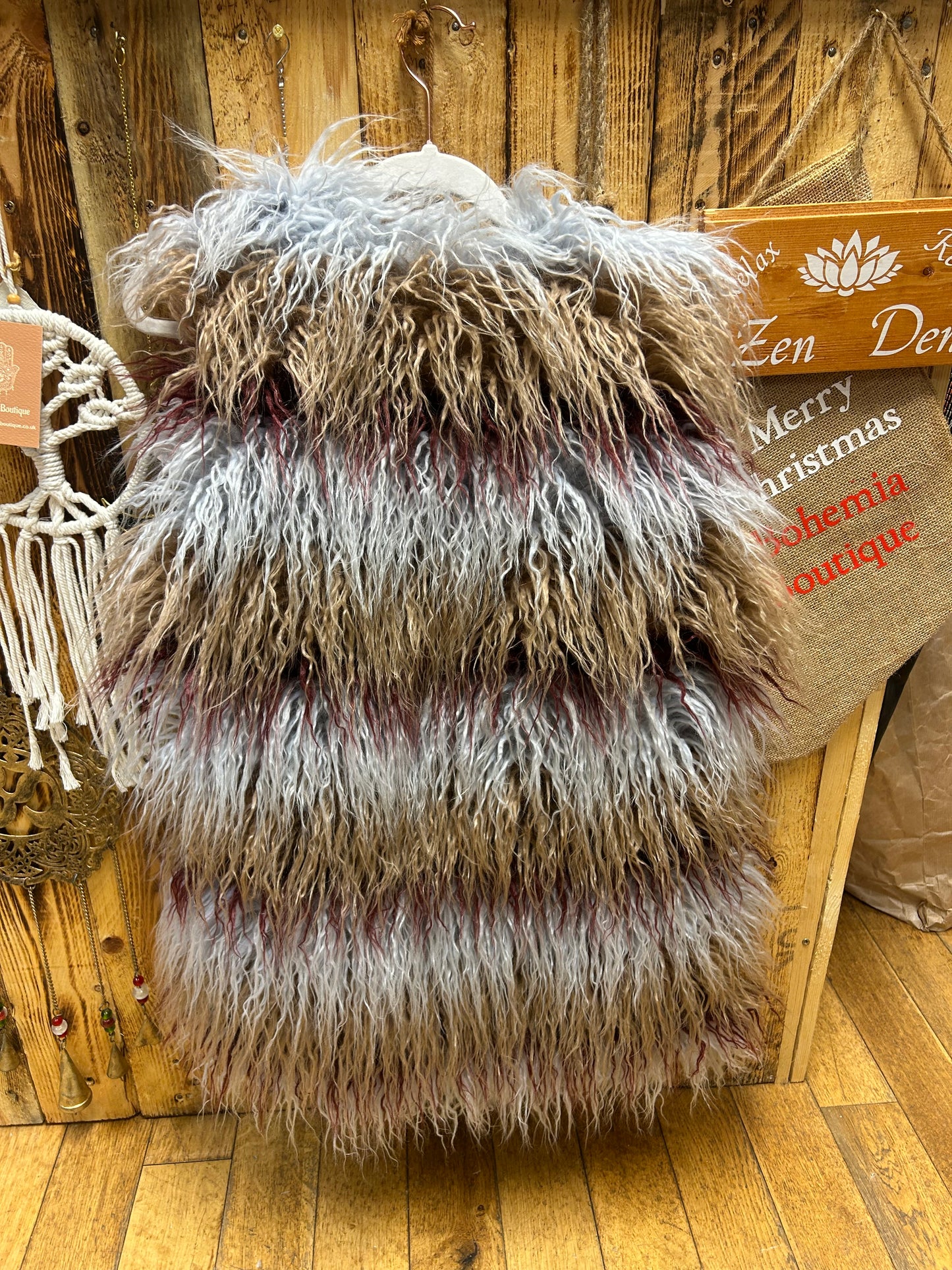 Shaggy dark red, grey, beige Faux Fur Gilet
