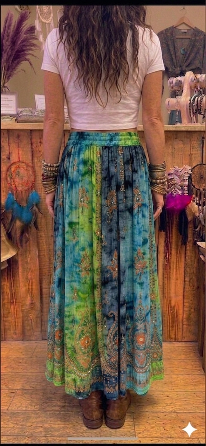 Shakti Green & Blue Hand Embellished Sequin & Bead Maxi Skirt