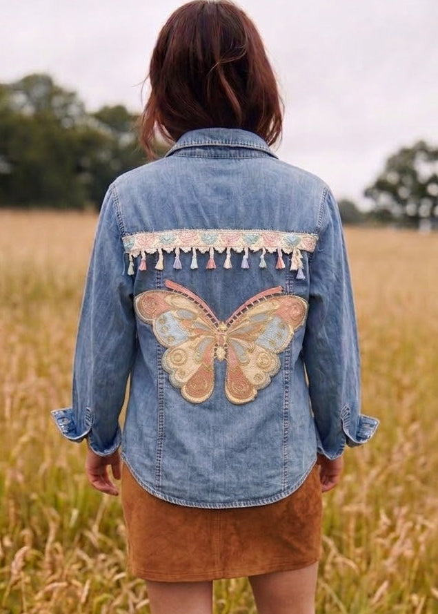 Customised Denim Shirt Butterfly embroidered motif and tassel detail size 12/14