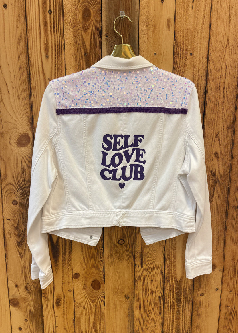 Customised Denim Jacket – Self love size 10