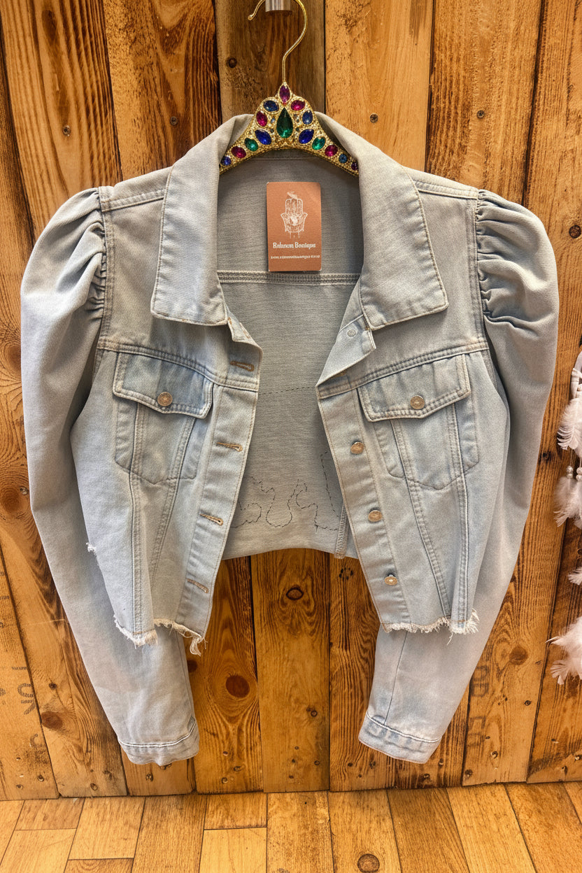 Customised Cropped Denim Jacket – Elephant embrodied motif size 12-14