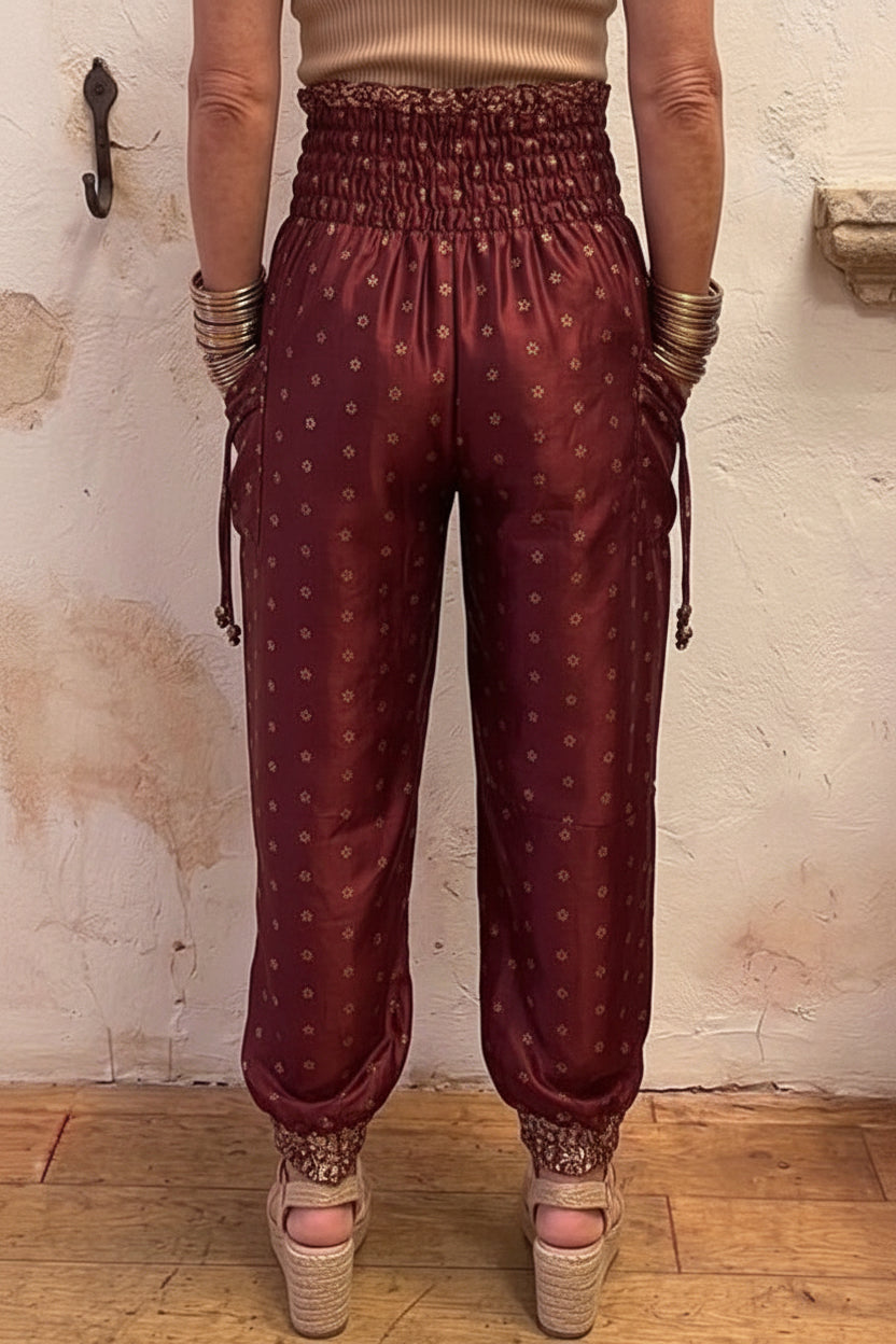 Aurora rich red wine & gold Silk Mix Harem Pants one size 8-12