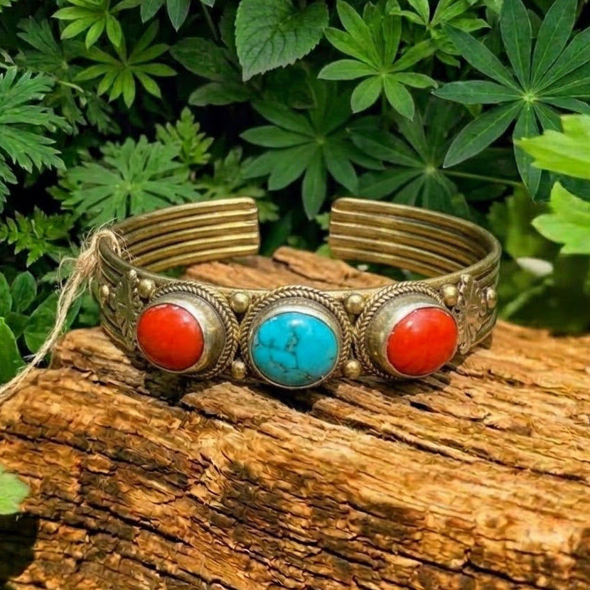 Brass Turquoise Howlite & Coral Rekha Cuff