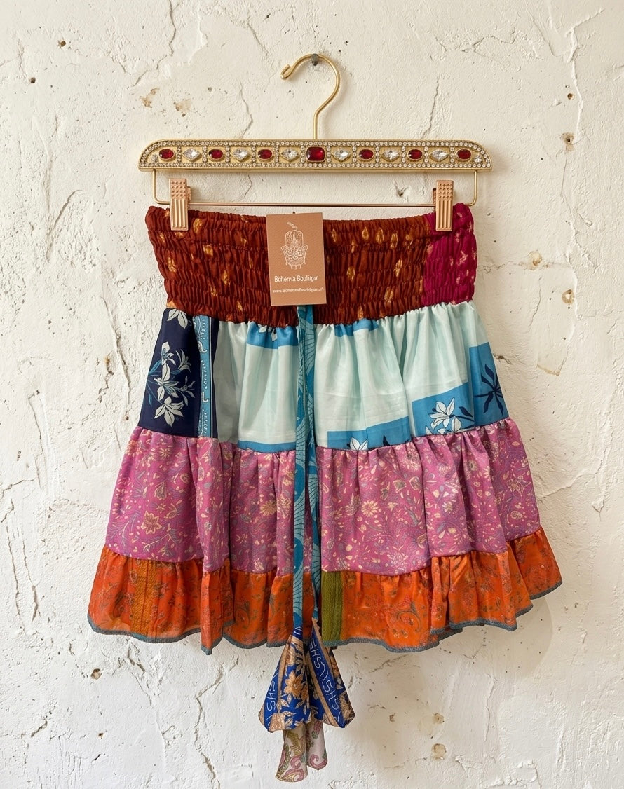 Devi Patchwork Recycled Sari Silk Mini Skirt one Size 8-10