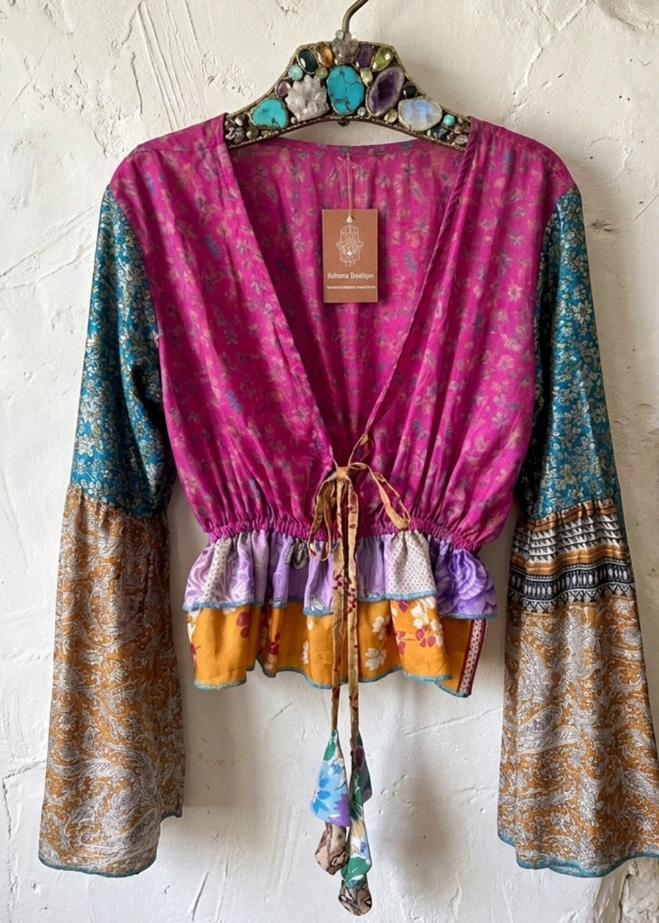 Karma Patchwork Recycled Sari Silk Bell sleeve Top one size 8-10