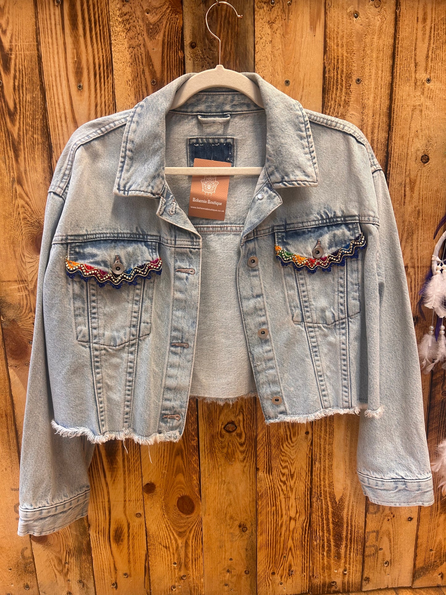Customised Cropped Denim Jacket Detail size 16