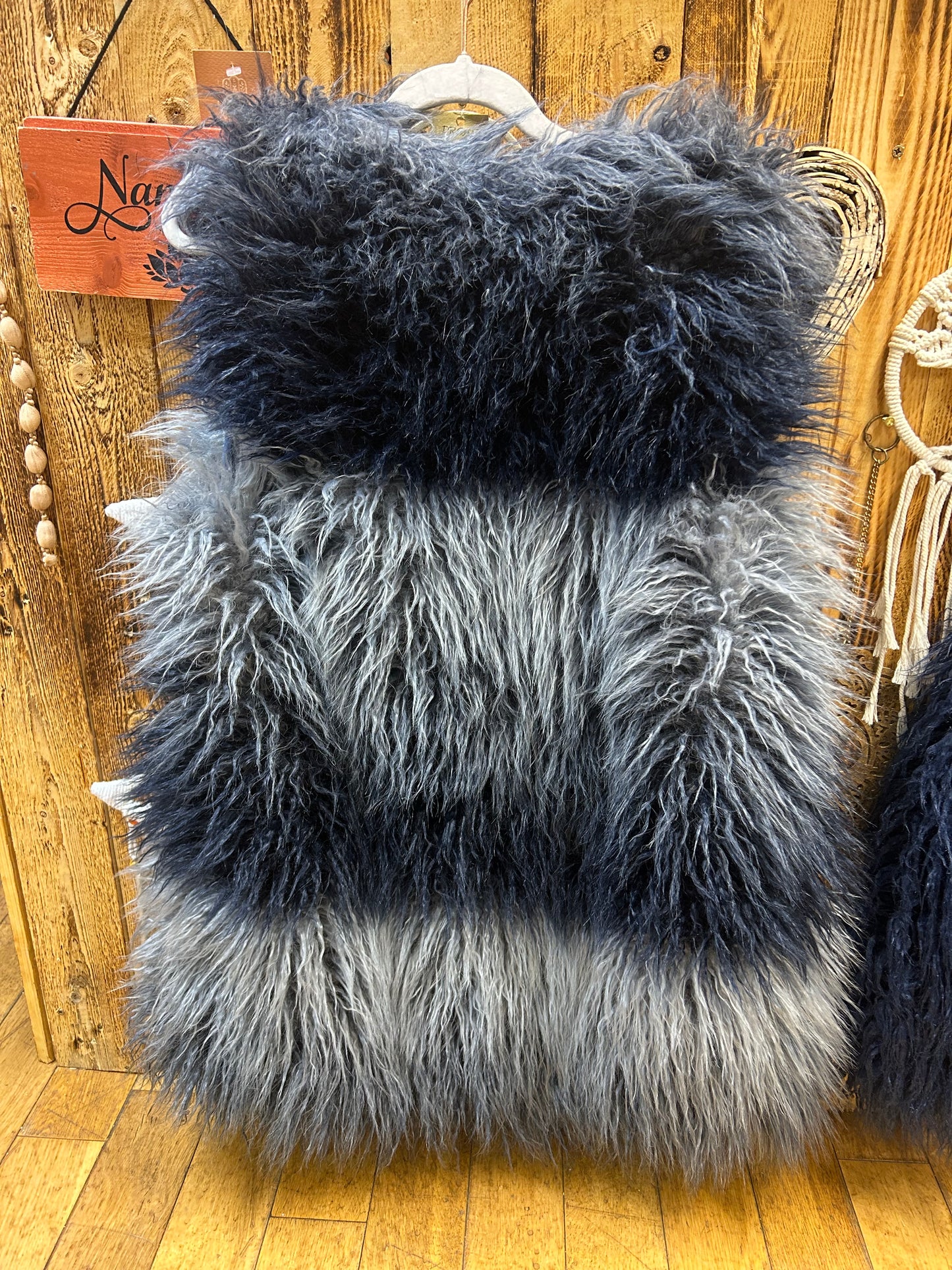 Mongolian retro navy & grey Faux fur gilet size 8-12