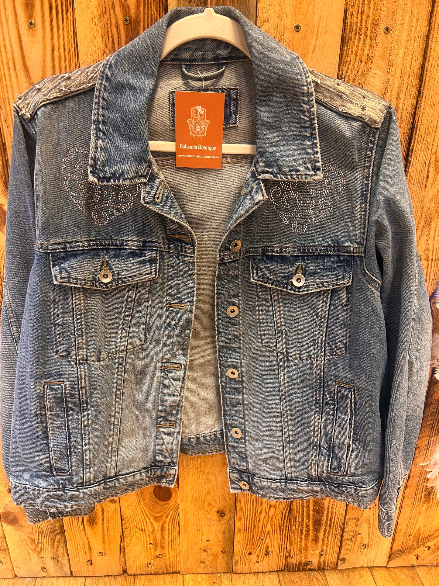 Customised Denim Jacket – Heart diamanté & bead tassel Detail size 18