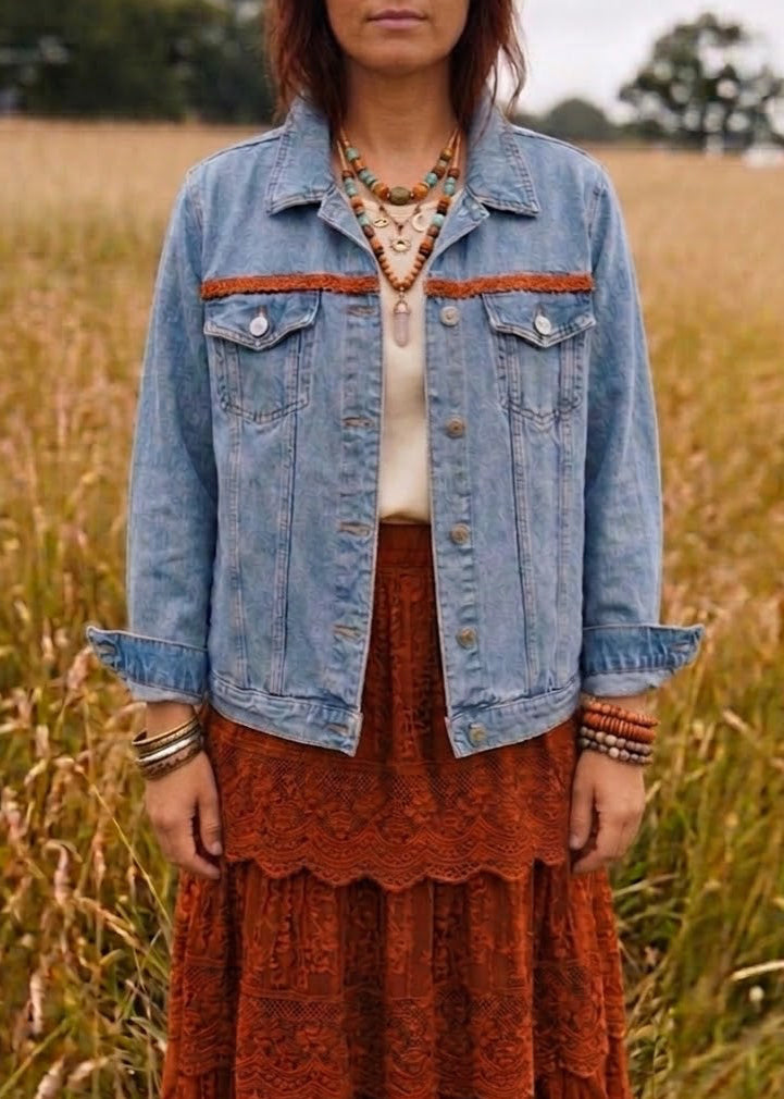 Customised Denim Jacket – Aztec Face & Faux Suede Tassel Detail size 18