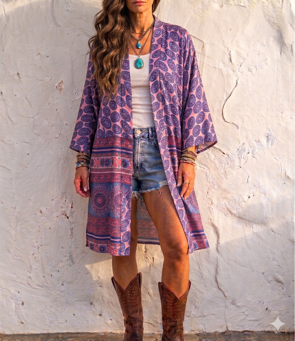 Gaia Recycled Sari Silk Kimono Pink and Purple Print One size 8-14