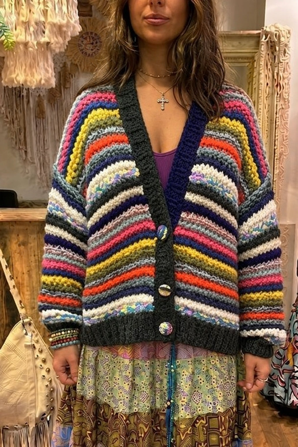 Colourful Striped Chunky Knit Cardi – One Size 10–14