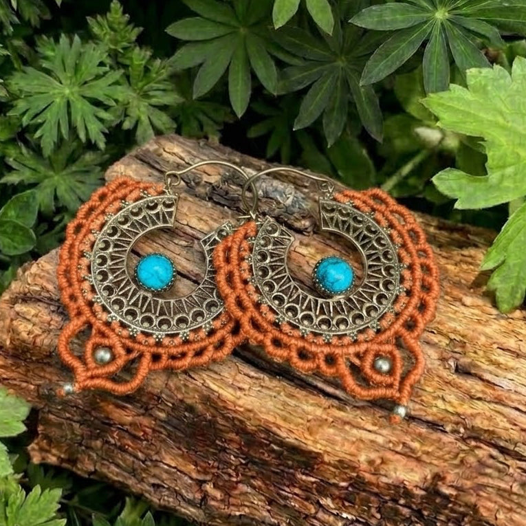 Burnt Orange Macramé, Brass & Turquoise Stone Earrings