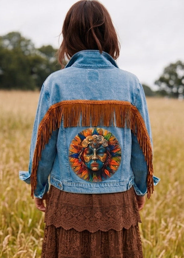 Customised Denim Jacket – Aztec Face & Faux Suede Tassel Detail size 18