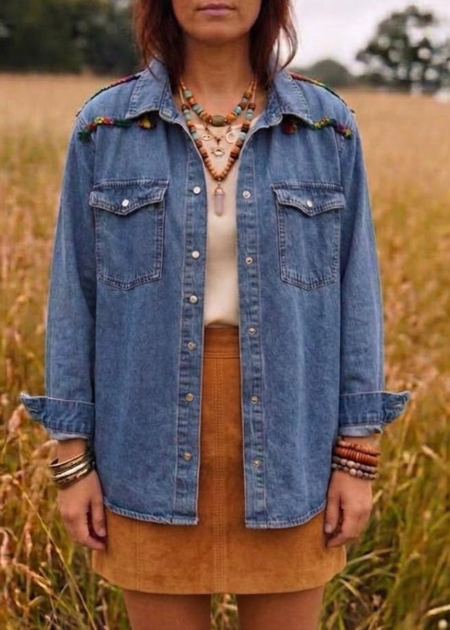 Customised Denim shirt Aztec appliqué size 18-20