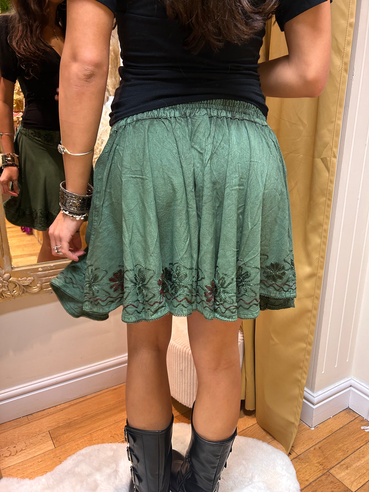 Embroidered Skater Skirt – Forest Green one size 8-14