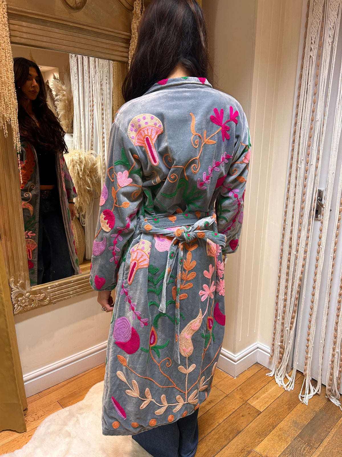 Pale Grey Suzani Hand Embroidered Velvet Coat – One size 8-12