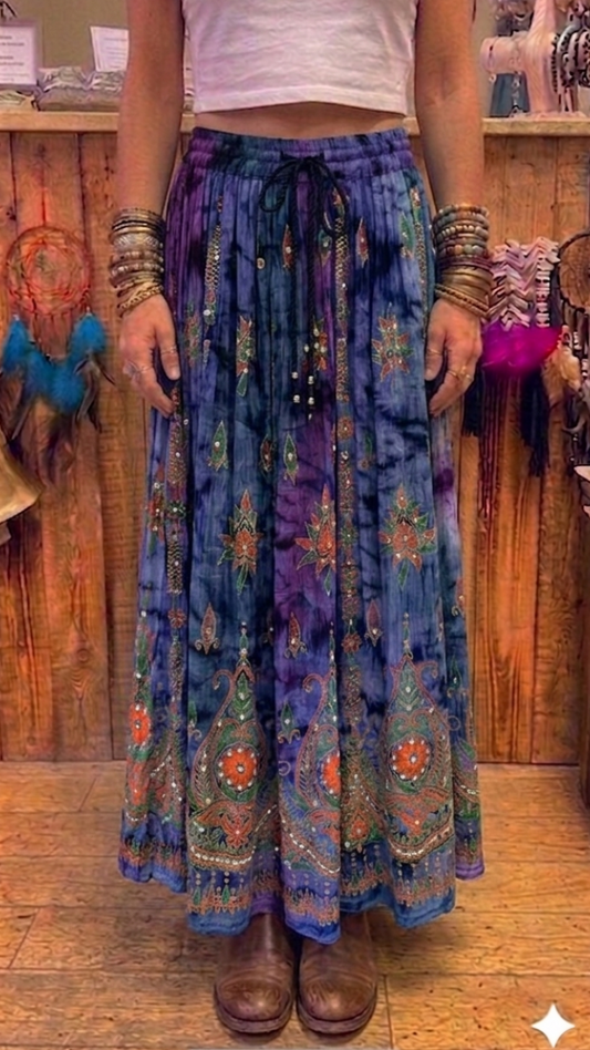 Purple & Blue Tie Dye Hand Embellished Sequin & Bead Maxi Skirt