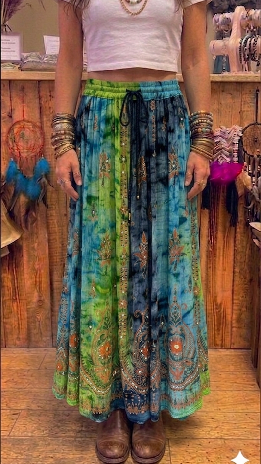 Green & Blue Tie Dye Hand Embellished Sequin & Bead Maxi Skirt