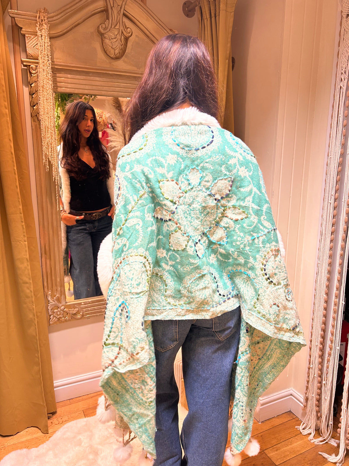 Mint Paisley Pashmina Wrap with Faux Fur Trim & Pom-Pom Fringe