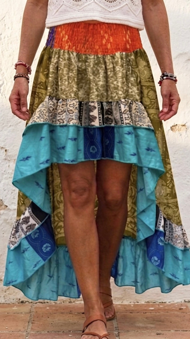 Aura Patchwork Recycled Sari Silk High Low Skirt – One Size 8-10