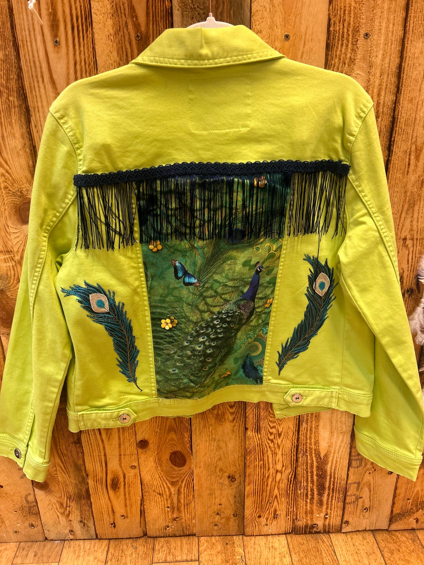 Customised Denim Jacket – Peacock  size 12