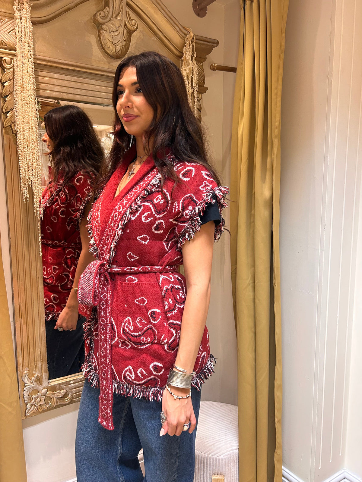 Dark Red Paisley Knitted Waistcoat Cardigan with Belt & Frayed Edges