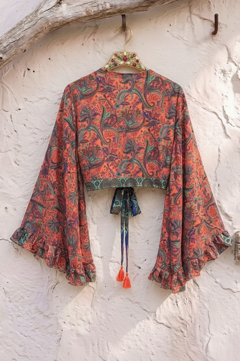 Aura Bell Sleeve Butterfly Cropped Top – Coral one of a kind Print
