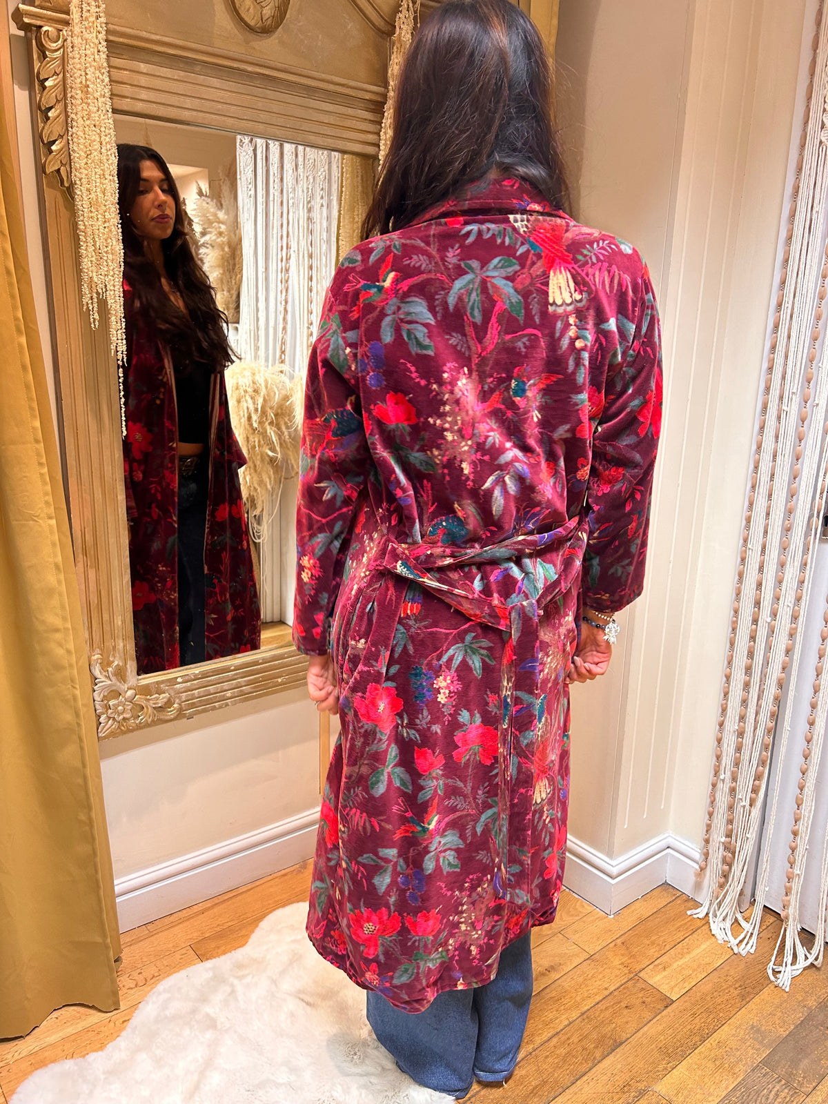 Floral Velvet Long Jacket – Dark Red & Multi one size 8-12