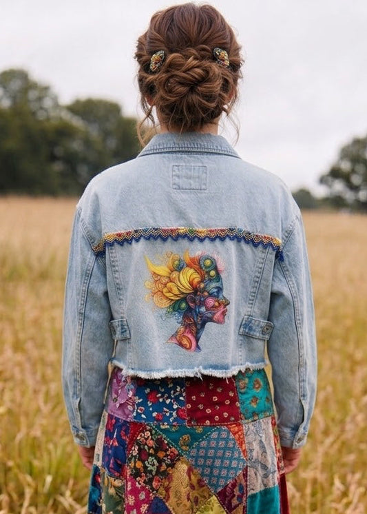 Customised Cropped Abstract Denim Jacket  Detail size 16