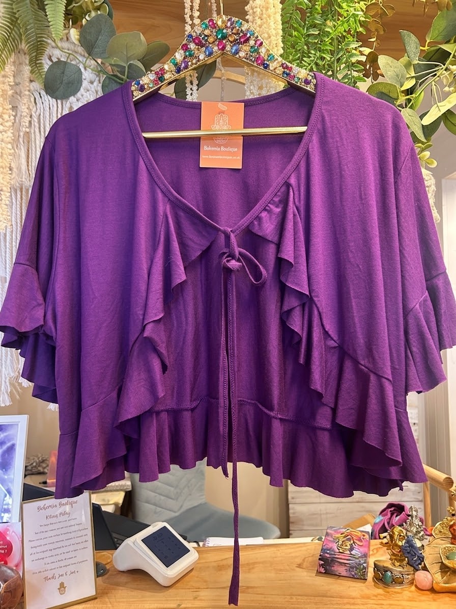 Purple Ruffle Jersey Crop tie Top One size 10-14