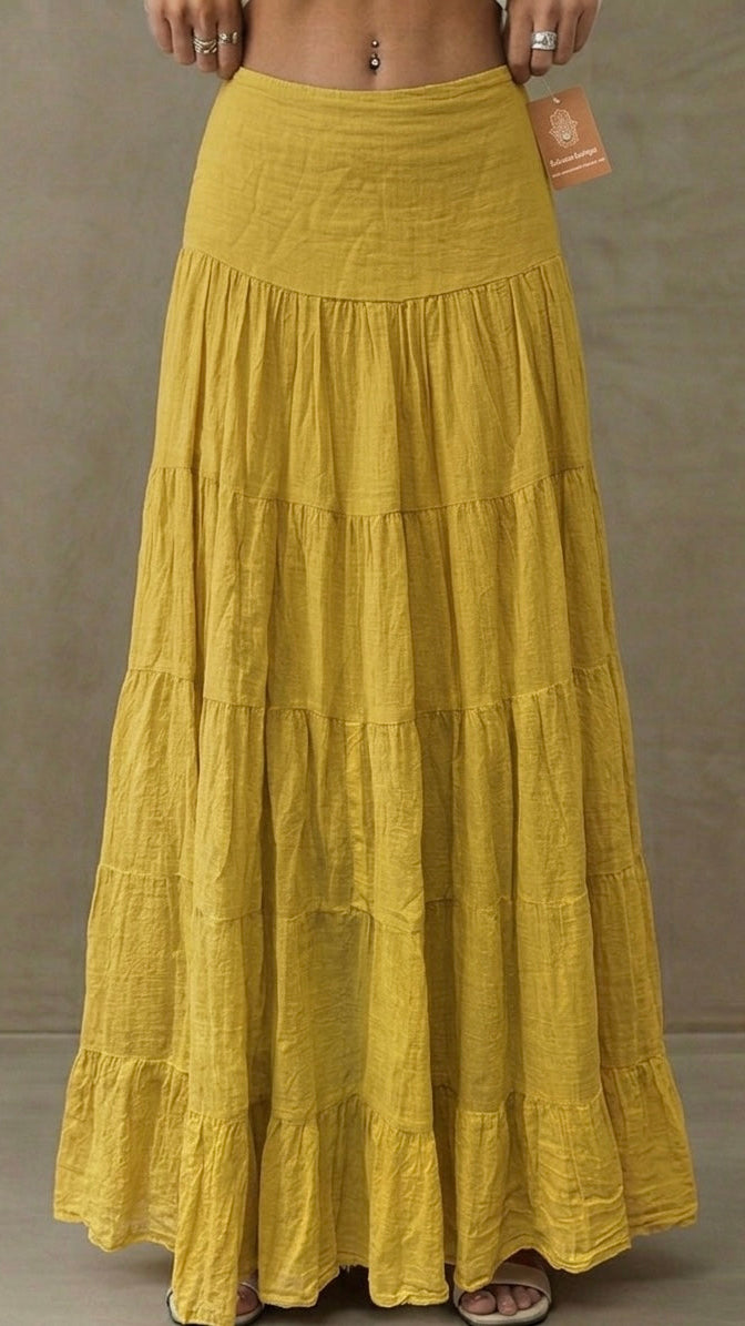 Nirvana Soft Mustard Tiered Maxi Skirt