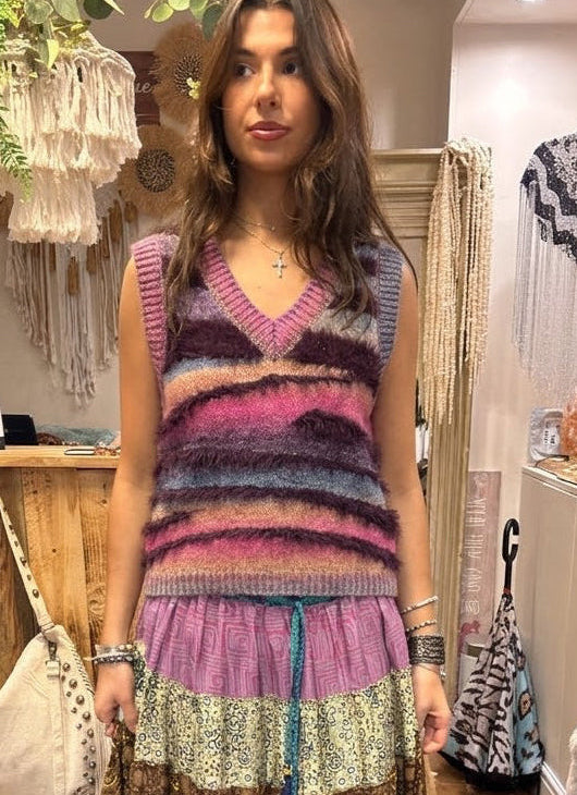 Mohair V-Neck Zebra Stripe Tank Top – One Size 8–12