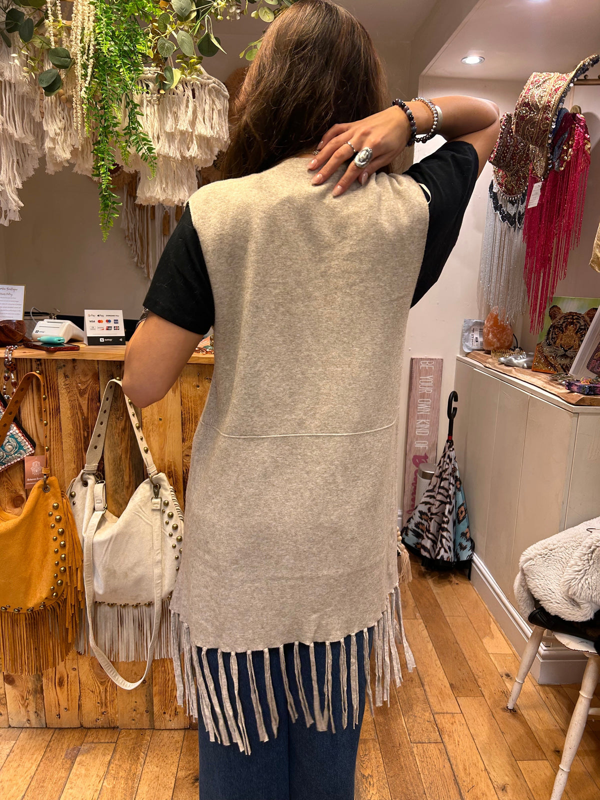 Fine Knit Fringe Tassel Sleeveless Cardi one size 8-12