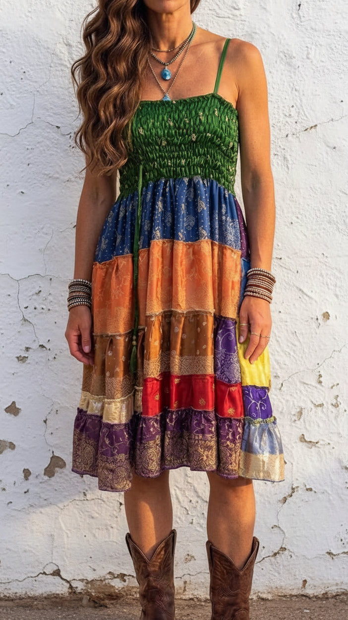 Patchwork Recycled Sari Silk Dress One Size 8-10