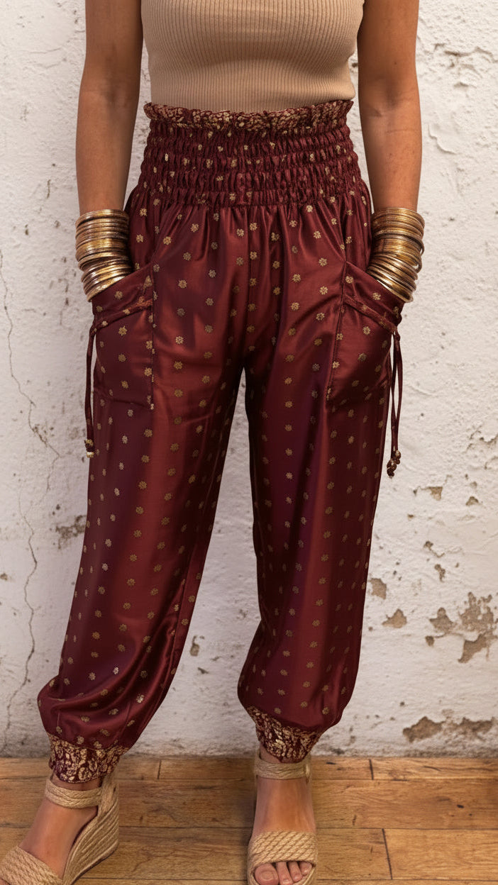Aurora rich red wine & gold Silk Mix Harem Pants one size 8-12
