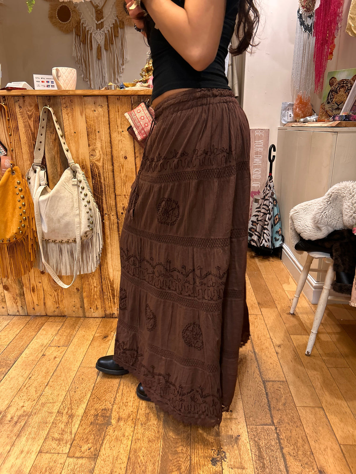 Embroidered Tiered Maxi Skirt – Chocolate Brown one size 8-12