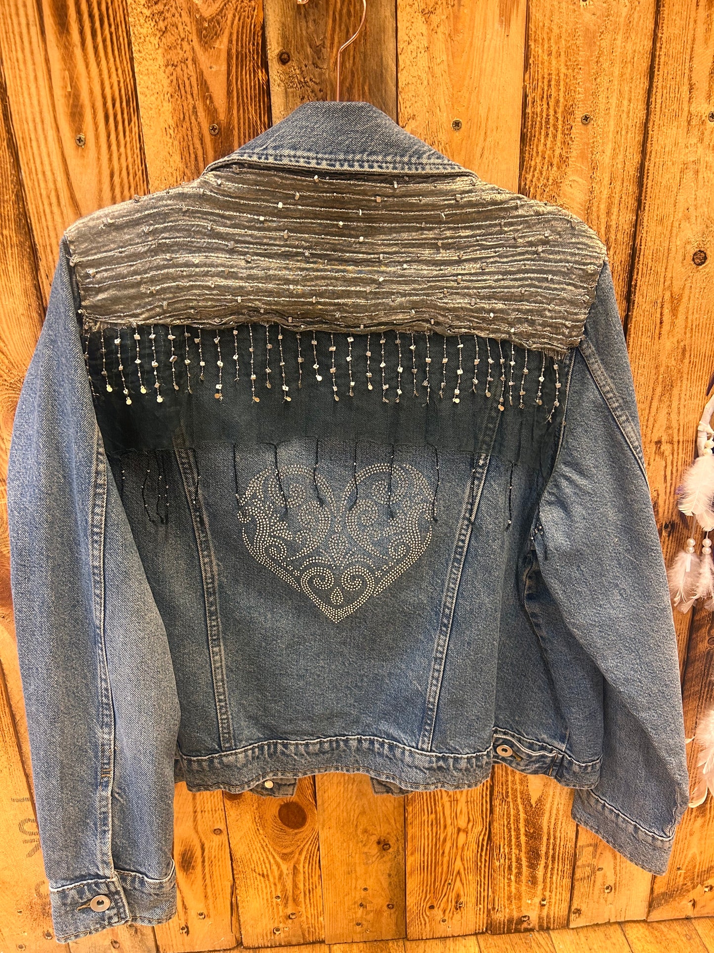 Customised Denim Jacket – Heart diamanté & bead tassel Detail size 18