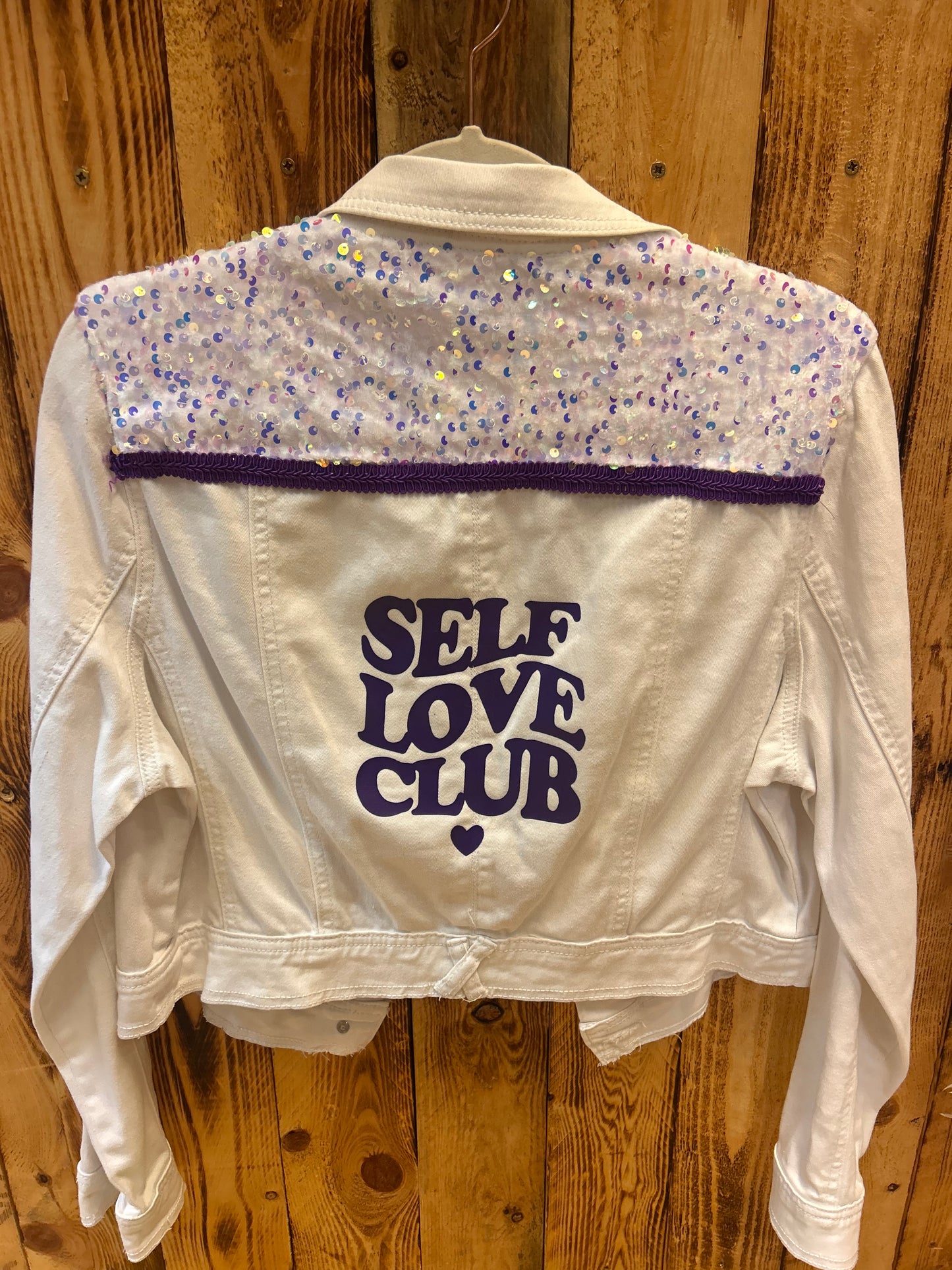 Customised Cropped Denim Jacket – Self love  size 10