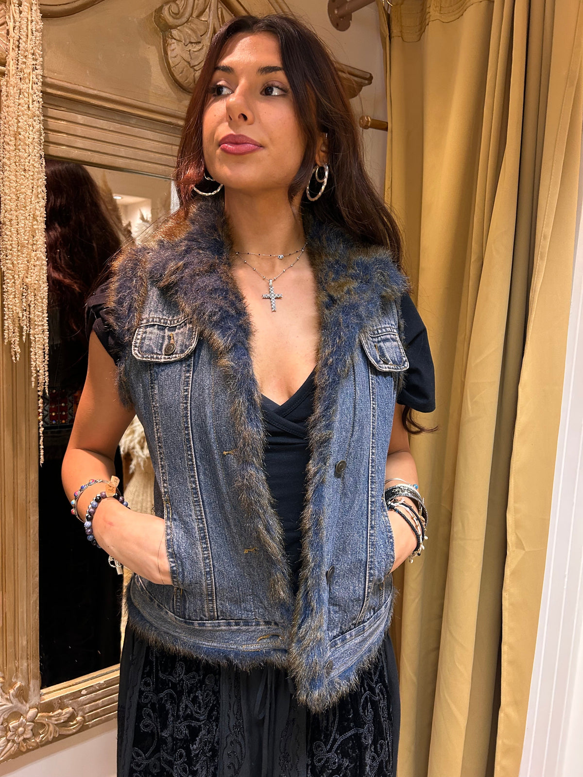 Reworked Denim Waistcoat – Fur Trim, Silver Tassel & Embroidered Back one size 8-12