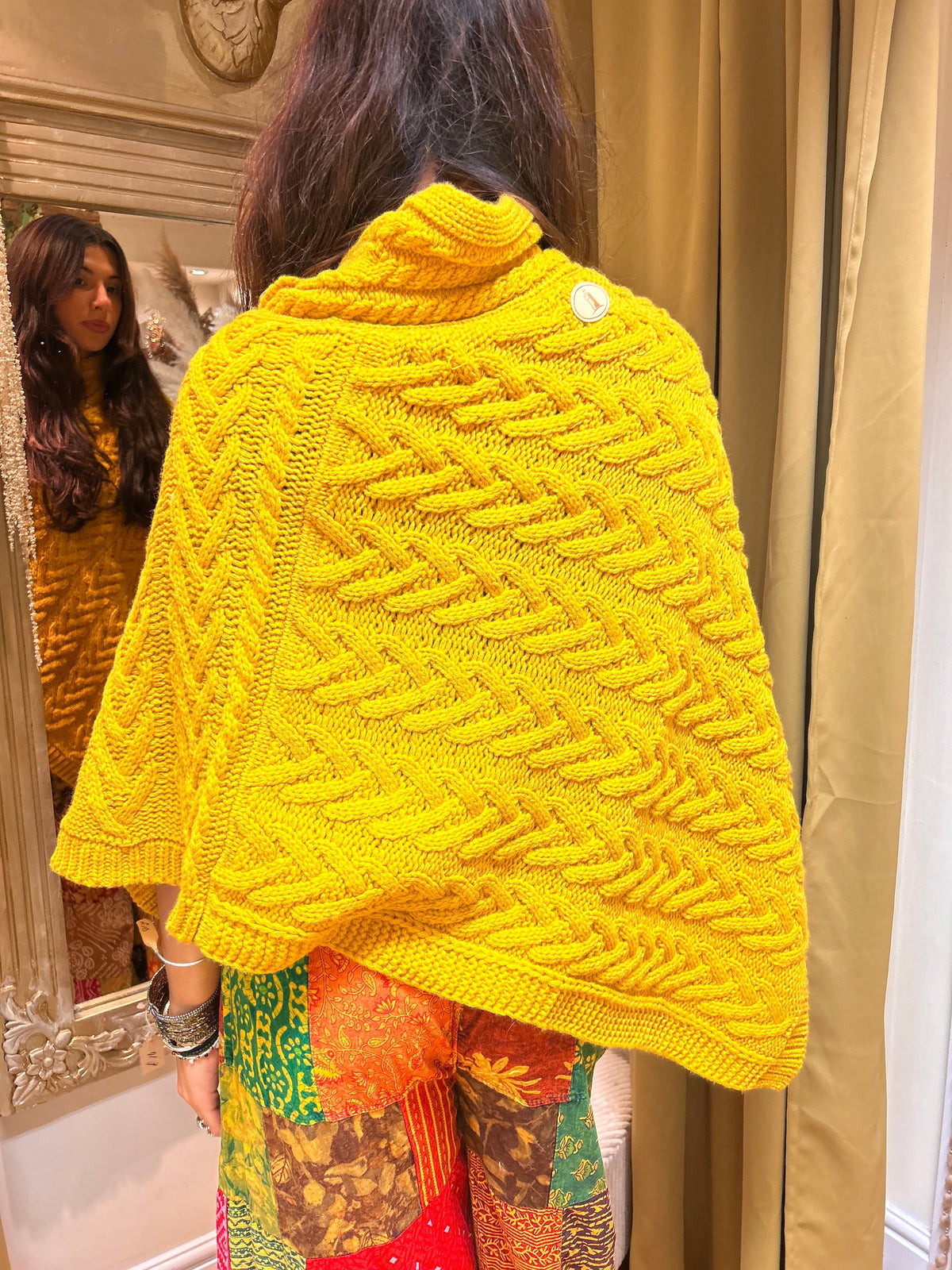 Cable Knit Button Neck Poncho – Mustard one size 8-16