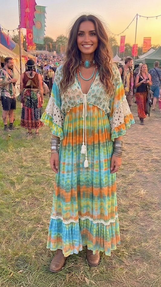 Wanderlust Multicolour Tie-Dye Bell Sleeve Maxi Dress