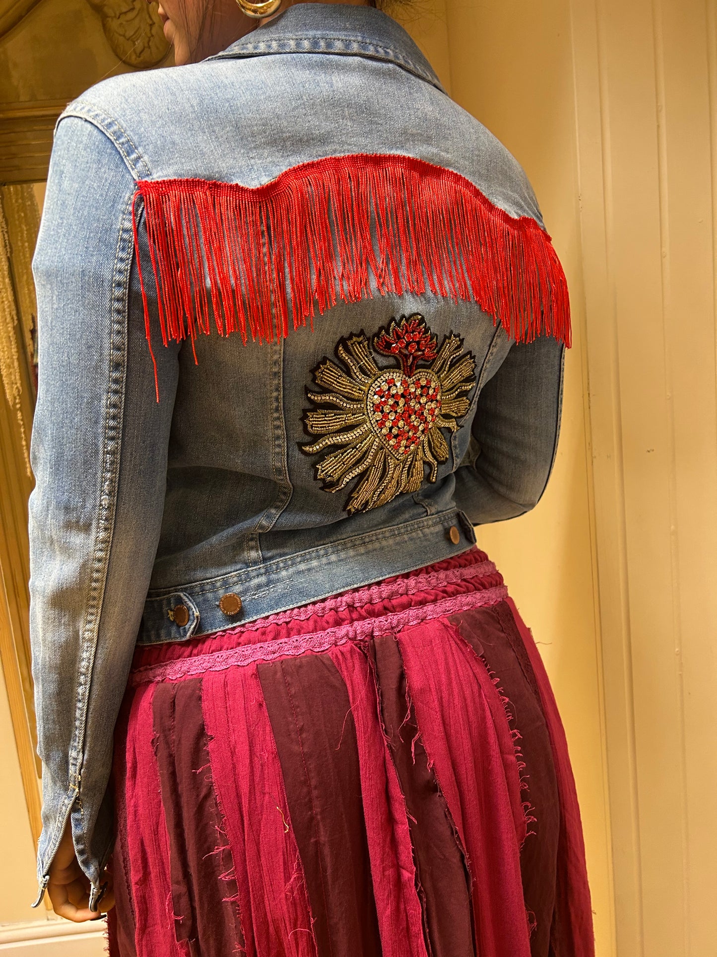 Customised Cropped Denim Jacket – Diamante heart size 10