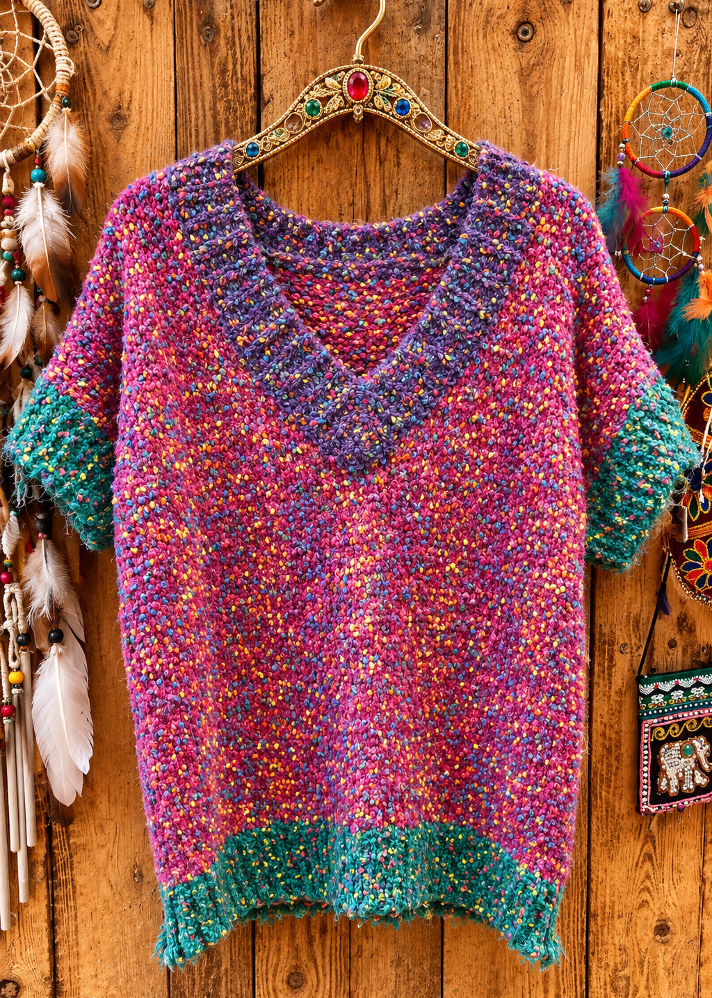 Multicoloured Bobble Yarn V-Neck Jumper – One Size 10–14
