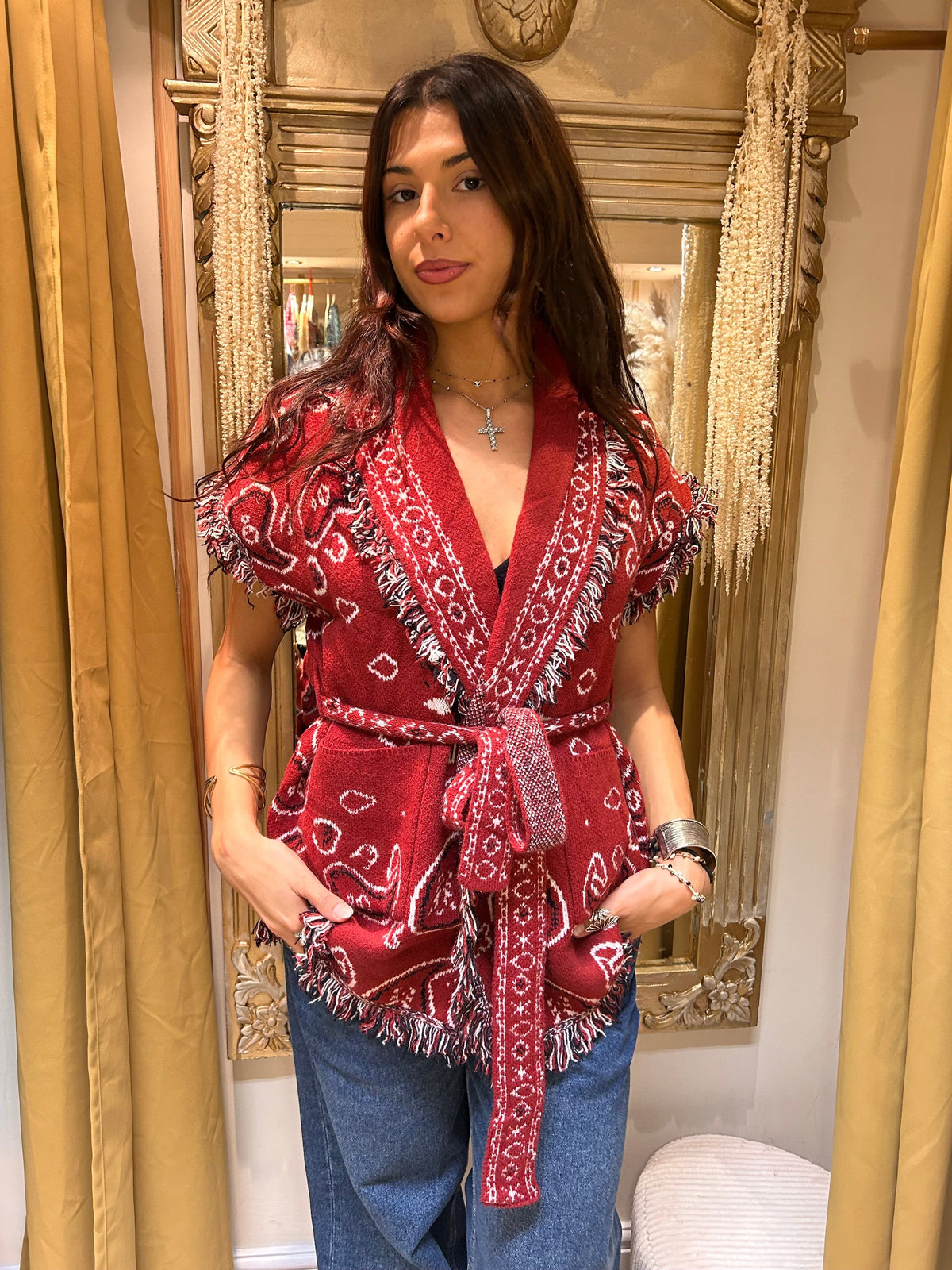 Dark Red Paisley Knitted Waistcoat Cardigan with Belt & Frayed Edges