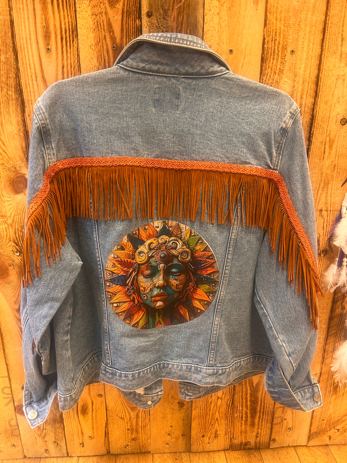 Customised Denim Jacket – Aztec Face & Faux Suede Tassel Detail size 18