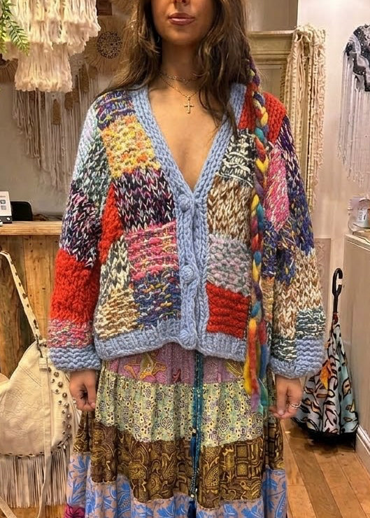 Colourful Patchwork Chunky Knit Cardi – One Size 12-16