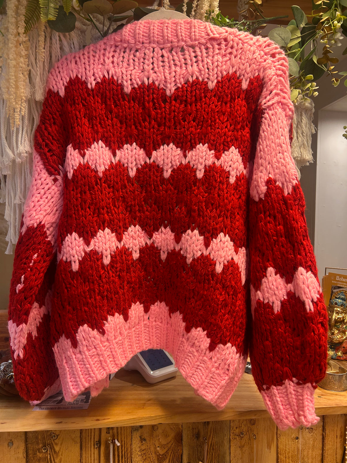 Handknitted Pink & Red Chunky Knit Cardigan one size 10-14