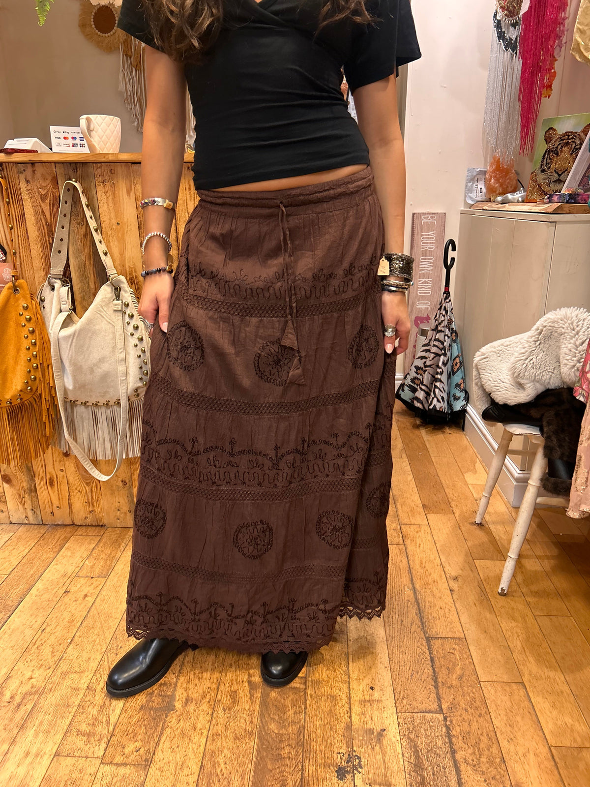 Embroidered Tiered Maxi Skirt – Chocolate Brown one size 8-12