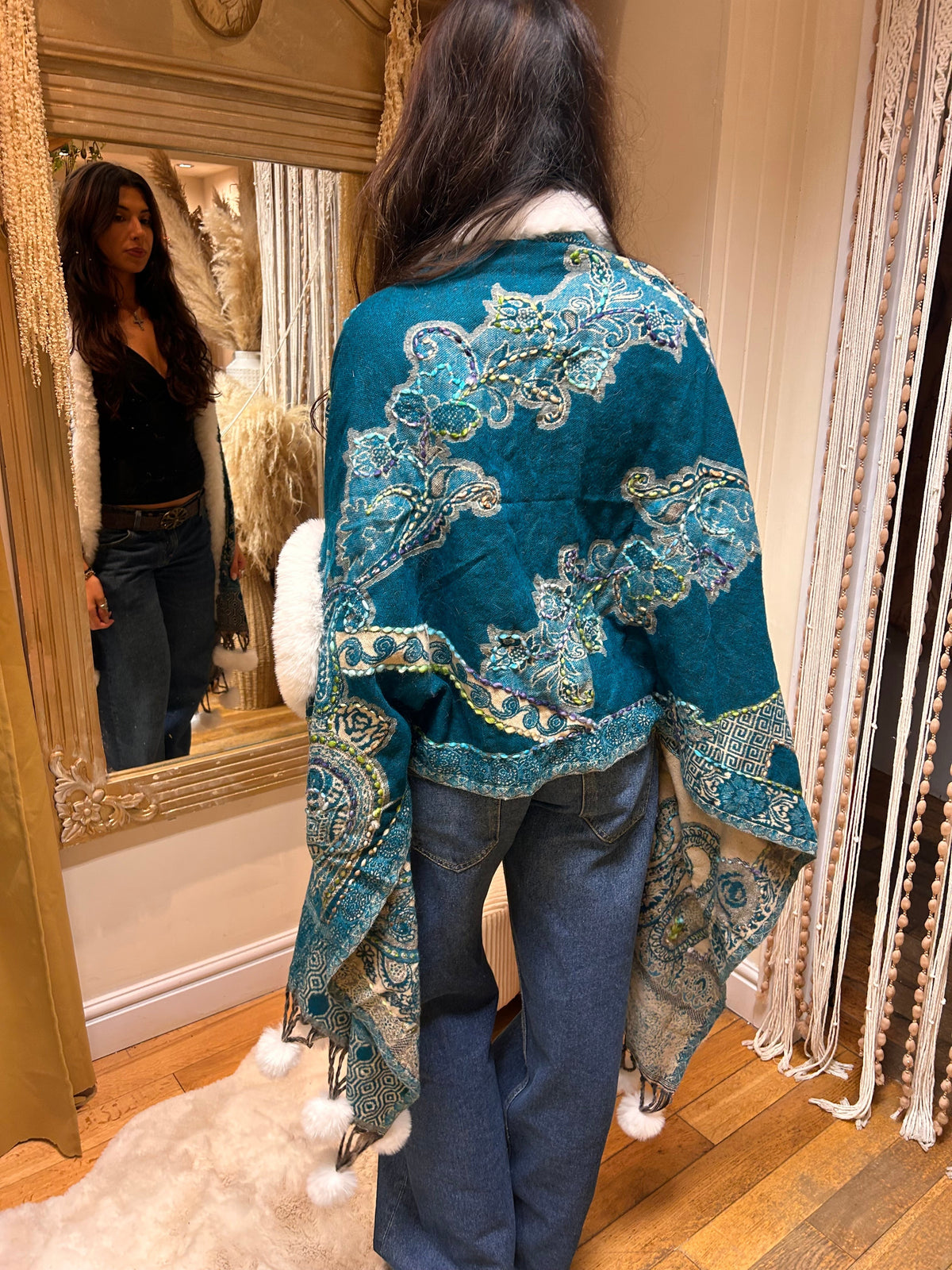 Teal Paisley knitted Pashmina with Faux Fur Collar & Sleeve cuff