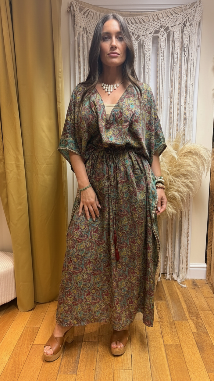 Paisley Recycled Sari Silk Maxi Kaftan – One Size 10-18